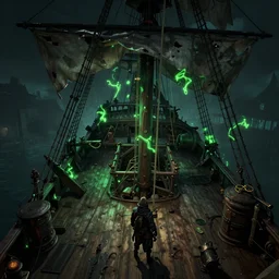 on the deck of a ghost pirate ship looking down from the crows nest. nighttime. neon green plasma glow. damaged kodak portra 4 0 0. james gurney, trending on artstation unreal engine 3 d shading shadow depth, detailed matte painting, sinister by greg rutkowski