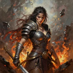 portrait a beautiful brutal warrior, wrath flame and ruin, oil painting, trending on artstation