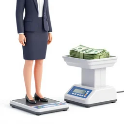 a weighing machine with a businesswoman on the left and cash on the right, photographed by Diane Arbus