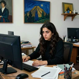 a color photograph of persian young woman in her workplace, by nan goldin, out of place, intense, bold, exaggerated, over proportion, painted over by andrew wyeth, hyperrealistic, ultra sharp, extra details, ultra high quality,