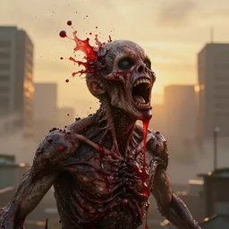 an infectious horrific organism eats people alive in a city as the scream in agony and red fluid spews out of their head, hdr, 8 k, volumetric lighting, mist, golden hour background, octane render, depth of field, surrealism, hyperrealistic, by alex ross hr giger moebius zdzislaw beksinski, intricate, octane render, warm color lighting, photo