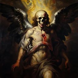 an angel with a skull made of meat for the head, megalophobia, dramatic lighting, cinematic, organic painting, dark, bold shapes, by caravaggio, dramatic lighting, horror, blood, god rays, angelical