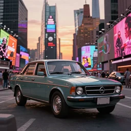 opel diplomat in times square at sunset, grand theft auto liberty city vibes, vaporwave, silent hill, photorealistic hyperdetailed 3 d matte painting, hyperrealistic, cinematic, unrealengine octane render,