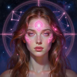 beautiful woman with glowing brown hair, crystal pink geometric energy third eye, sci - fi face, constellation geometry space mandal background, breathtaking stars, elegant, highly detailed, digital painting, artstation, concept art, smooth, sharp focus, spiritual art, art by artgerm and greg rutkowski and alphonse mucha, psychedelic, illustration, painting oil, portrait, detailed, illustration, hd, digital art, overdetailed, art, concept