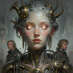 an epic illustration of consciousness emerging into a large language model ai female humanoid head. glowing eyes, in the style of greg rutkowski and drew struzan and algernon blackwood, realistic digital painting, brutalist futuristic, steampunk lighting