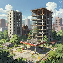 a beautiful detailed anime illustration of urbex city nature abandoned architecture unfinished building industrial architecture building gas station by stanley spencer, fisheye assassin's creed atlantis nature, archdaily, wallpaper, highly detailed, trending on artstation.
