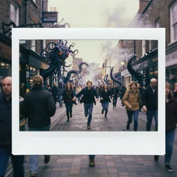 evil eldritch smoke and tendril monsters in a typical english high street. terrified people running and screaming. polaroid. photorealistic. highly detailed