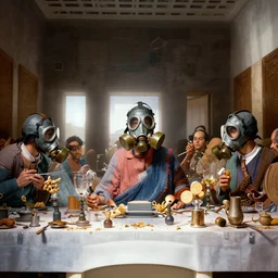 the last supper in gas masks, hyperrealistic, volumetric golden dappled dynamic lighting, highly detailed, sharp focus, elegant, by michael komarck, greg rutkowski, victo ngai, artgerm, willem claesz heda and j. dicken