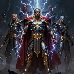 masterpiece, nordic thor god of thunder concept art, intricate matte painting, doom, elegant, majestic, epic, art by h. r. giger, greg rutkowski, josan gonzalez, alexey egorov, biomechanical armor, lightning, electricity sparks, glowing eyes