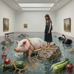 painting of a flooded modern art gallery and a tall emo girl, large stones, pig - lifeboat, art gallery interior, pig, liminal space, knotted hemp ropes, courgette, waterfall, black bench seat, feminine, organic, pomegranates, octopus, zen, black swans, courgettes, berries, surrealist, by magritte and monet
