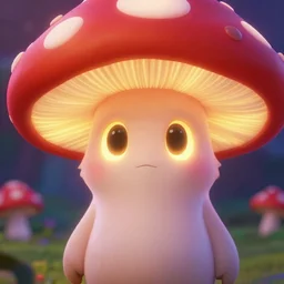 glowing mushroom character with big oval shaped eyes. sharp focus. highly detailed. cute. vibrant colors. disney. pixar.