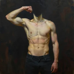 one!!! athletic man posing dramatically with no face, dark background, by conrad roset, oil painting trending on artstation