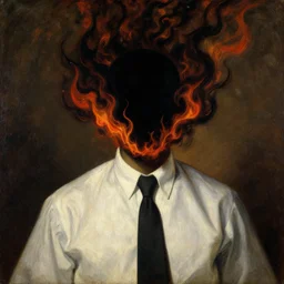 painting of a samurai wearing a formal shirt and tie. head a black void of dark energy and fire. in the style of bastien - lepage and benjamin - constant and bosschart. baroque style