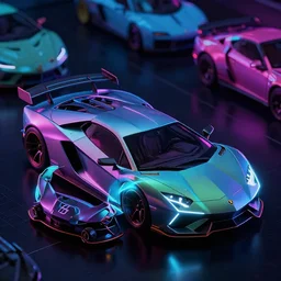 closeup!! isometric macro photo of concept lamborghini futuristic super car on a reflective black floor, synthwave, neon, tron, hyper detailed, smooth, high contrast, volumetric lighting, golden ratio, octane, jim lee, giorgetto giugiaro, craig mullins, ian callum!, vibrant rich deep color