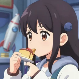 closeup profile face portrait of nendoroid anime girl apace cadets eating cakes in a 1 9 5 0 s rocket ship, nicoletta ceccoli, mark ryden, lostfish, hyperdetailed, clean cel shaded vector art. shutterstock. illustration