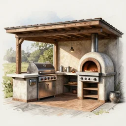 new concept for small outdoor open kitchen design with grill and pizza oven, designer pencil sketch, HD resolution