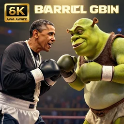 boxing standoff between barrack obama and shrek, hyperrealistic picture,, fantasy art, photo realistic, dynamic lighting, artstation, poster, volumetric lighting, very detailed, 8 k, award winning
