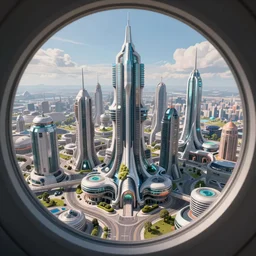 futuristic solarpunk utopian cityscape, jaw - dropping 4 k - hd photo from a skybox window