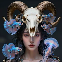 isis goddess macro close - up portrait with extremely detailed crown made of ram skull + betta fish + jellyfish, bioluminiscent, plasma, wind, creature