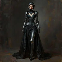 full body portrait of beautiful gothic and futuristic fashion model, elegant smooth space armour, cyber armour, scifi helmet, highly detailed, artstation, illustration, composition, 8 k quality, art by jean delville, rene magritte, hyperrealism oil painting