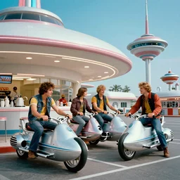 andrew loomis, james jean, j. c. leyendecker, googie style architecture, kitsch, retro futuristic atomic age, space age, greaser biker gang, greaser biker gang hanging out at the ice cream parlour, rocket bikes, sci - fi retro