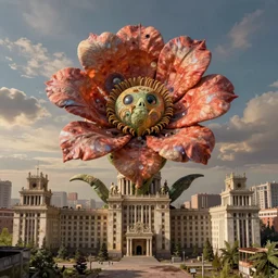 colossal grotesque prehistoric alien flower made from best unfulfilled mankind projects in the middle of abandoned post soviet constructivist cityscape, Stalinist architecture, ultradetailed, Intricate by Hayao Miyazaki and Josan Gonzalez and Makoto Shinkai and Giuseppe Arcimboldo and Wes Anderson