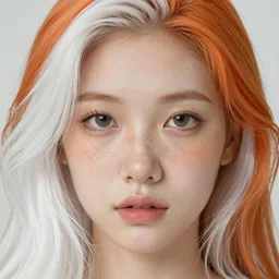 portrait Girl with orange hair and freckles, cute-fine-face, white-hair pretty face, realistic shaded Perfect face, fine details. realistic shaded lighting by (((Loish)))