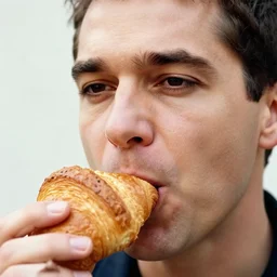 closeup portrait of a man snorting a croissant, photograph, natural light, sharp, detailed face, magazine, press, photo, steve mccurry, david lazar, canon, nikon, focus
