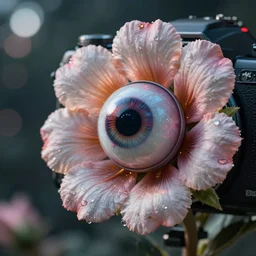 a close up of a flower camera with an eyeball for a lens. cyberpunk art by beeple, flickr contest winner, computer art, bokeh, octane render, shallow depth of field
