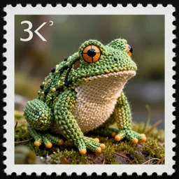 knitted frog, beautiful postage stamp, hyper details, 8 k