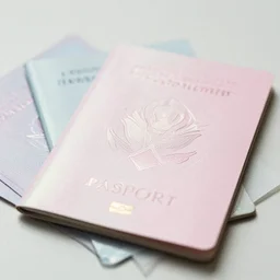 high fidelity film photographic anthropological alien object study depicting passports, travel documents, personal items. iridescent hard surface. pastel pink perspex. three point light. soft focus.