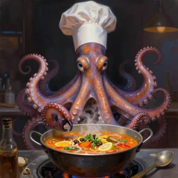 occult anthropomorphic octopus chef cooking a delicious colorful soup, digital paintingl