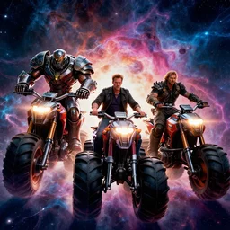 movie still frame, giant armored titans riding monster hoverbikes through a psychedelic nebula, by zack snyder and michael bay