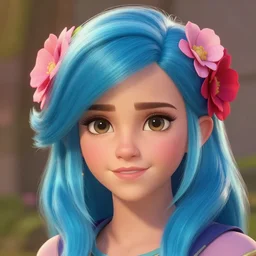 cute portrait of emma watson from league of legends with flowers in her hair, blue, light pink and red color scheme. highly detailed, league of legends, artgerm, artstation, soft light, sharp focus, illustration, character design, tv show