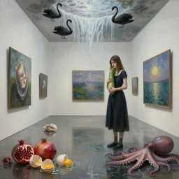 realistic painting of a flooded modern art gallery and a tall emo girl, holding a courgette, paintings on walls, molluscs, black swans, waterfall from the ceiling, pomegranates, raw eggs, octopus, puddles, zen, surrealist, by magritte and kawase and monet