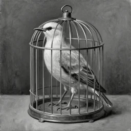 a big bird in a small cage, oil on canvas, black and white