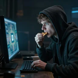 hacker eating cereals while staring at his computer, neopunk, technical, cpu, computer, detailed, beatrix potter, realism, hyperdetailed