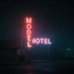 neon glow motel sign on a foggy night, dark, cinematic, wide view