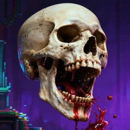 screaming skull with blood coming out of its mouth, realistic, vaporwave pixel sorting