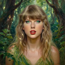 Portrait of Taylor Swift as a dryad, characteristic sparkling green eyes, looking straight to the camera, illuminated for rays of light, behind her is an ancient forest full of life, by Annie Leibovitz, Ellie Victoria Gale and Steve McCurry, matte painting, oil painting, naturalism, 4k, 8k