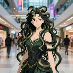 demigoddess mid length portrait in empty midtown mall, snake entwined hair, martin schoeller, oleg bulakh, id magazine, epic scene, soft neon dynamic lighting, intricate, detailed, makoto shinkai, takashi takeuchi, studio ghibli, akihiko yoshida, sharp focus, photoreal, 8 k
