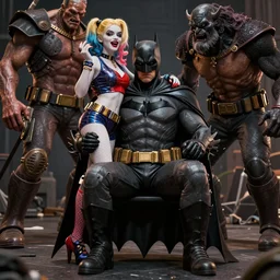 realistic wide angle photo, of Batman at the feet of Harley Queen, Moebius and Giger, greg rutkowski, very coherent, cinematic, hyper realism, high detail, vivid colors, octane render, unreal engine, 8k, Smooth gradients, High contrast, depth of field by Jacek Yerka