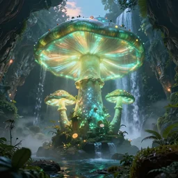 a beautiful and stunning professional digital artwork of a humongous glowing mushroom cave, haze, waterfall, volumetric lighting, hyperrealistic, green, blue, sunset, unreal engine 5, ultra detail