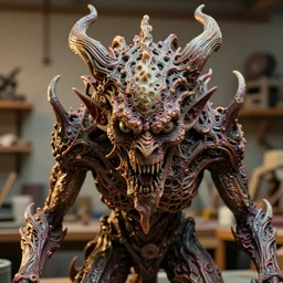 photo taken of an epic intricate, ultra detailed, super realistic sculpture of a nightmarish hellish demonic creature on display in a workshop, created by weta workshop, zoomed in shots, photorealistic, sharp focus, f 0. 4, face centred, macro photography, golden ratio, golden hour