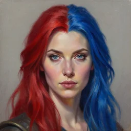 a detailed matte oil on canvas head on symmetrical portrait of a distinguished elven woman with half red and half blue hair by charlie bowater, lise deharme, wlop, trending on artstationhd, dungeons and dragons art critical role, half and half hair dye, split hair dye, two tone hair dye, dye hair