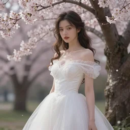 beautiful woman in a white dress under a cherry tree, whimsical lighting, sharp focus, intricate, elegant, digital painting, artstation, matte, highly detailed, concept art, illustration, volumetric lighting, bokeh light, art by greg olsen and liz lemon swindle