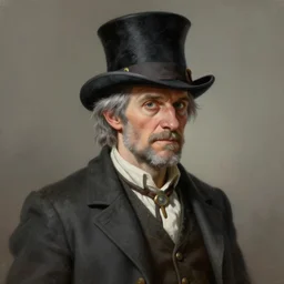 a grey hair ageing halfling short with stubble top hat and suit by Greg Rutkowski, painting, HD, high details, trending on artstation