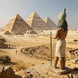 The hieroglyph dusking on the hill, with huge pyramids in the distance and in the middle of the hill Unreal Engine 5, artstation trending, hyper details