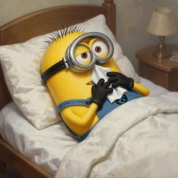an epic painting of sick with a cold minion, lying in bed, oil on canvas, perfect composition, golden ratio, beautiful detailed, photorealistic, digital painting, concept art, smooth, sharp focus, illustration, artstation trending, octane render, unreal engine