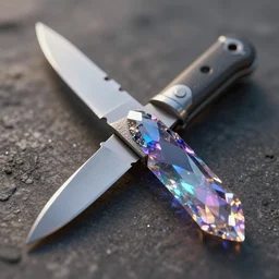 small knife made from shards of vibrant crystal, light refraction, photorealistic, ultra high definition, cinematic, crisp shadows, octane, 8k unreal engine foreground focus, cryengine, blender, macro shot